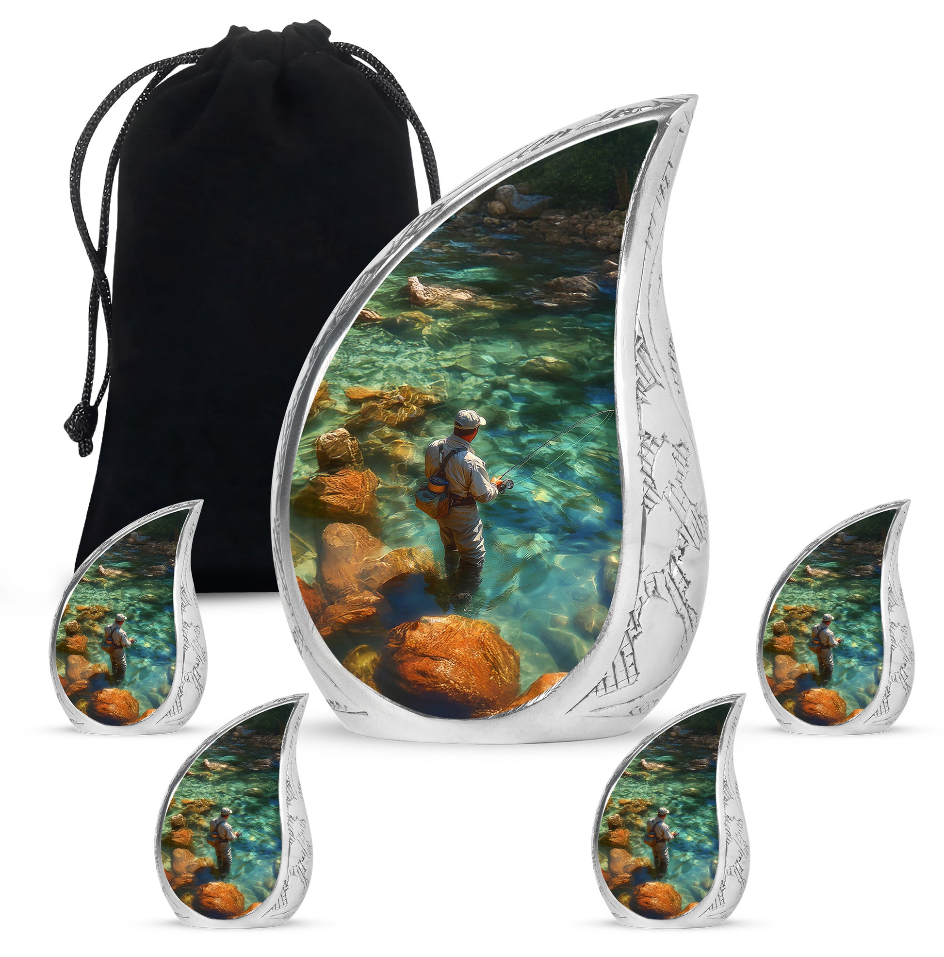 Verdant Green Fishing Cremation Urn side profile showing urn shape - rounded teardrop fishing design with delicate detail - memorial set with one large and four small urns