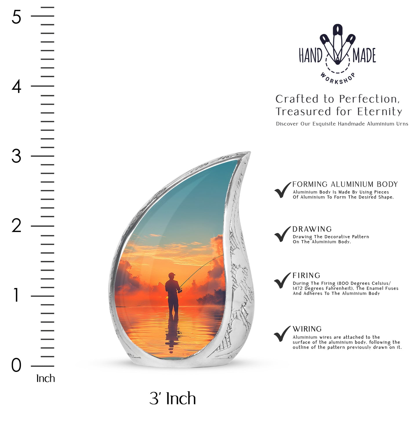 Sea Green Teal Fishing Cremation Urn angled view of lid and engraved motif - rounded teardrop fishing design with delicate detail - mini keepsake memorial for portion of cremation ashes
