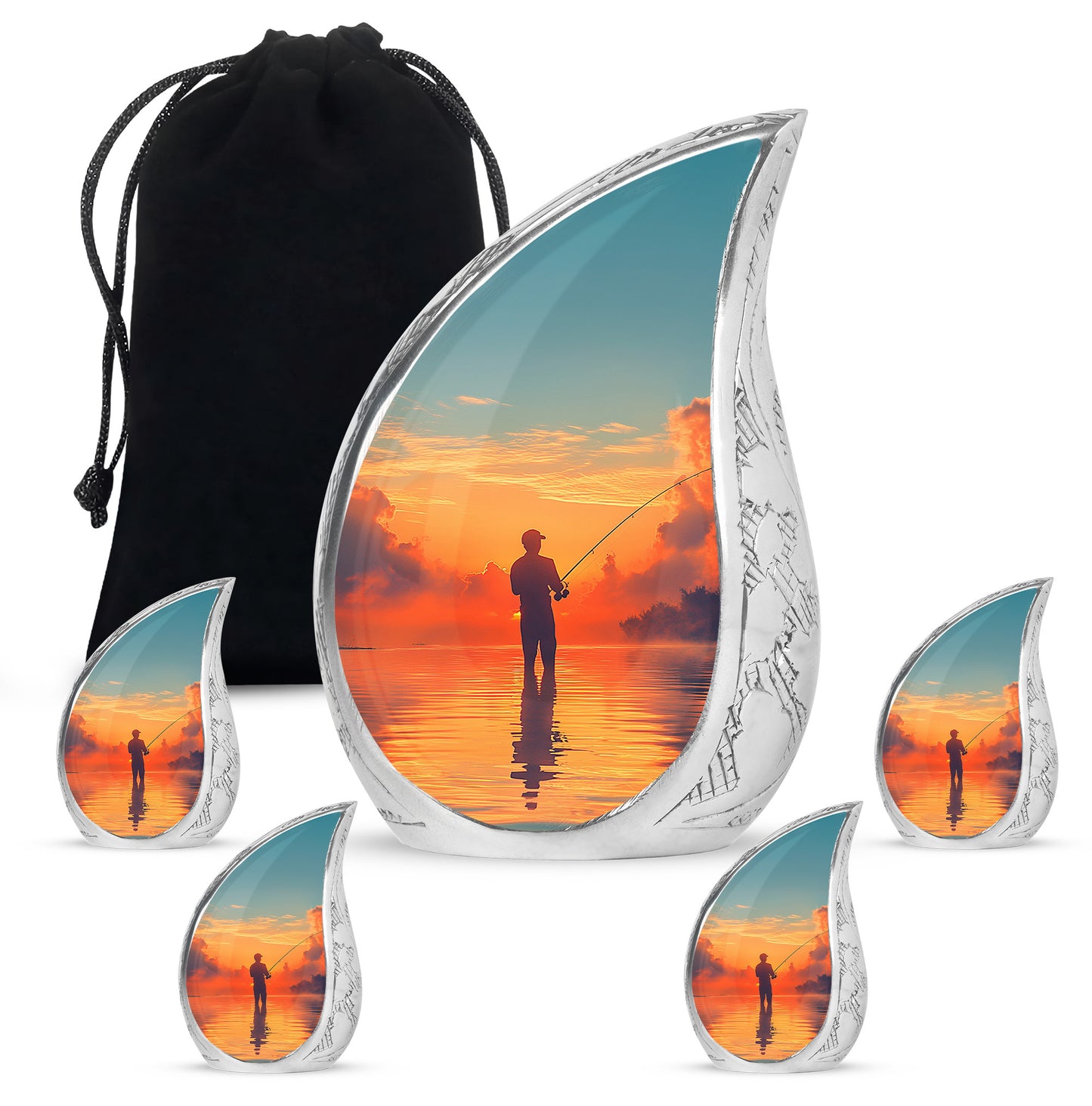 Cool Teal Fishing Cremation Urn side profile showing urn shape - rounded teardrop fishing design with delicate detail - memorial set with one large and four small urns