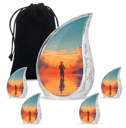 Cool Teal Fishing Cremation Urn side profile showing urn shape - rounded teardrop fishing design with delicate detail - memorial set with one large and four small urns