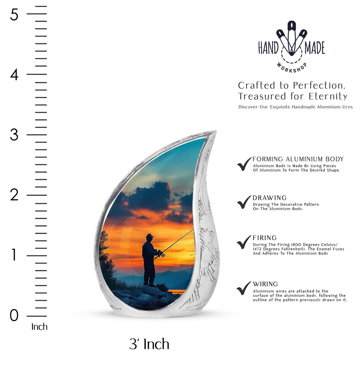 Misty Blue Fishing Cremation Urn angled view of lid and engraved motif - flowing teardrop fishing silhouette on curved aluminum - mini keepsake memorial for portion of cremation ashes