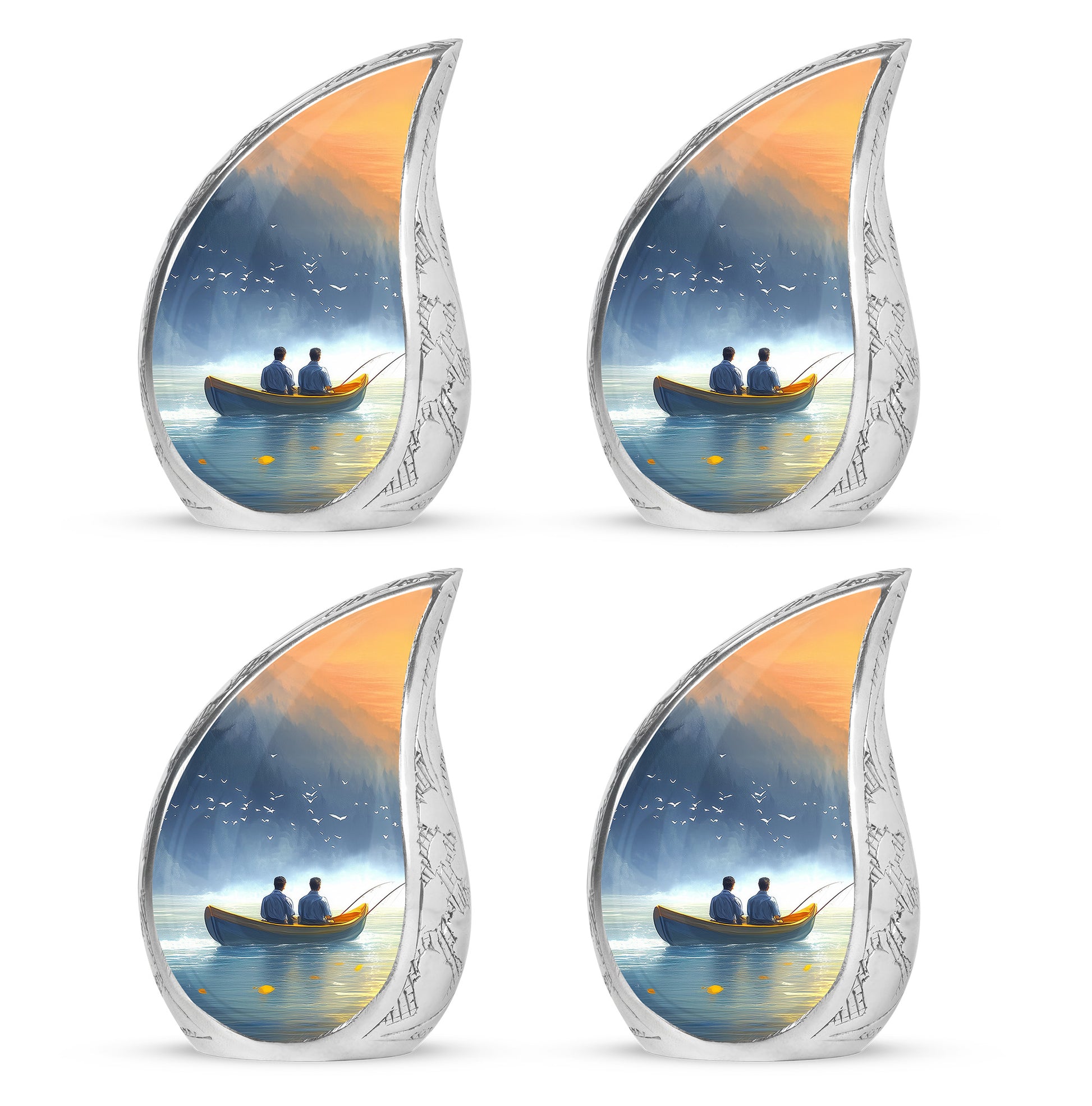 Bright Blue Fishing Cremation Urn close-up of engraving and surface detail - graceful tear-shaped urn with fishing motif - 10 inch aluminum urn for cremated remains