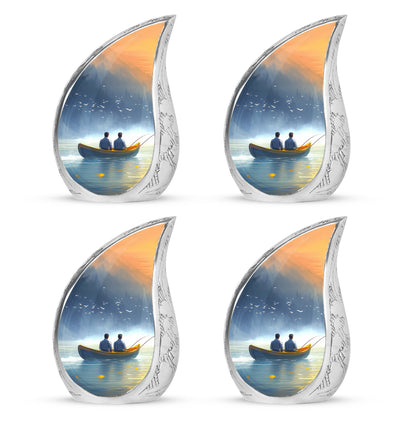 Bright Blue Fishing Cremation Urn close-up of engraving and surface detail - graceful tear-shaped urn with fishing motif - 10 inch aluminum urn for cremated remains