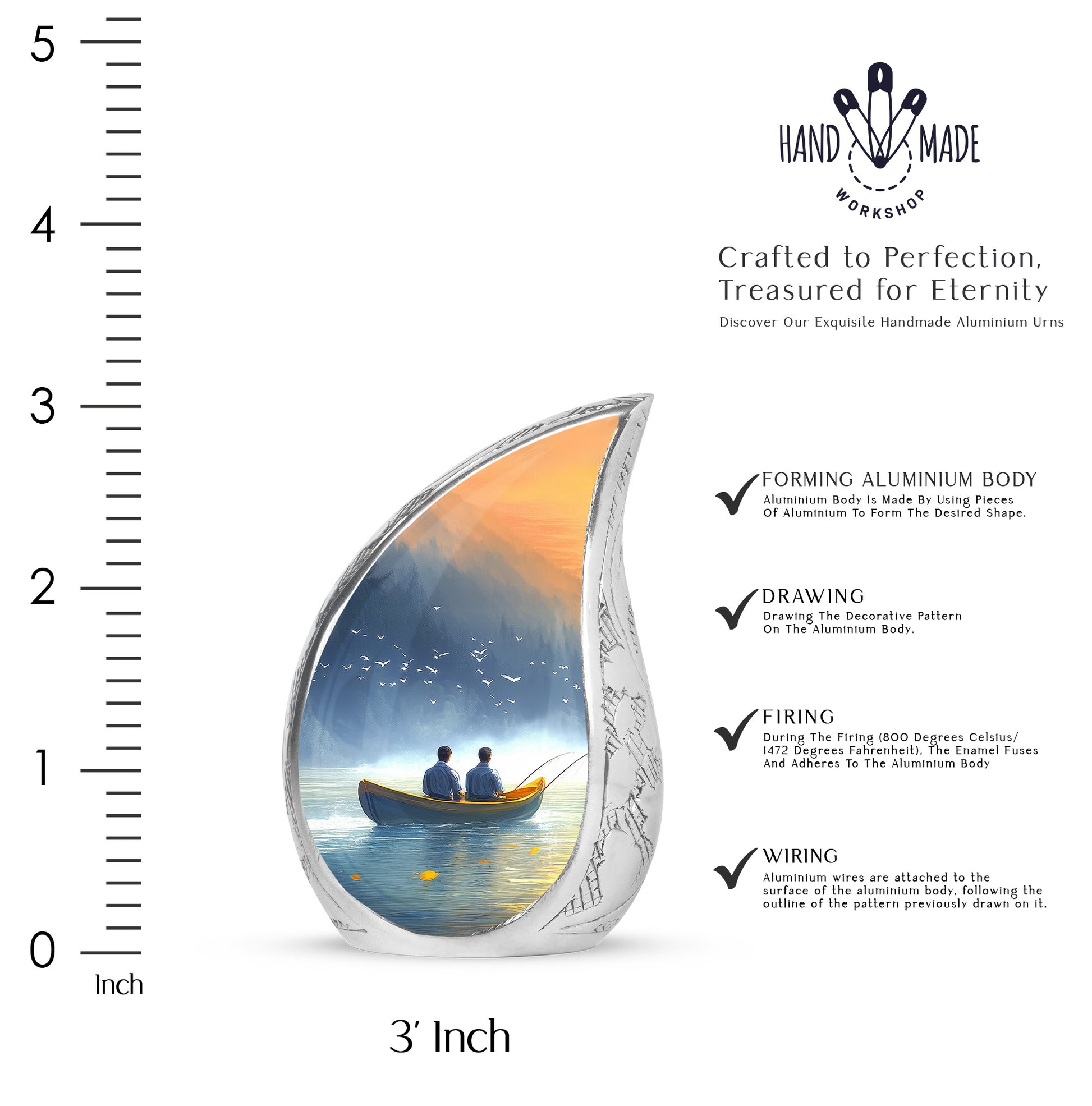 Indigo Fishing Cremation Urn angled view of lid and engraved motif - rounded teardrop fishing design with delicate detail - mini keepsake memorial for portion of cremation ashes