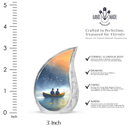 Indigo Fishing Cremation Urn angled view of lid and engraved motif - rounded teardrop fishing design with delicate detail - mini keepsake memorial for portion of cremation ashes
