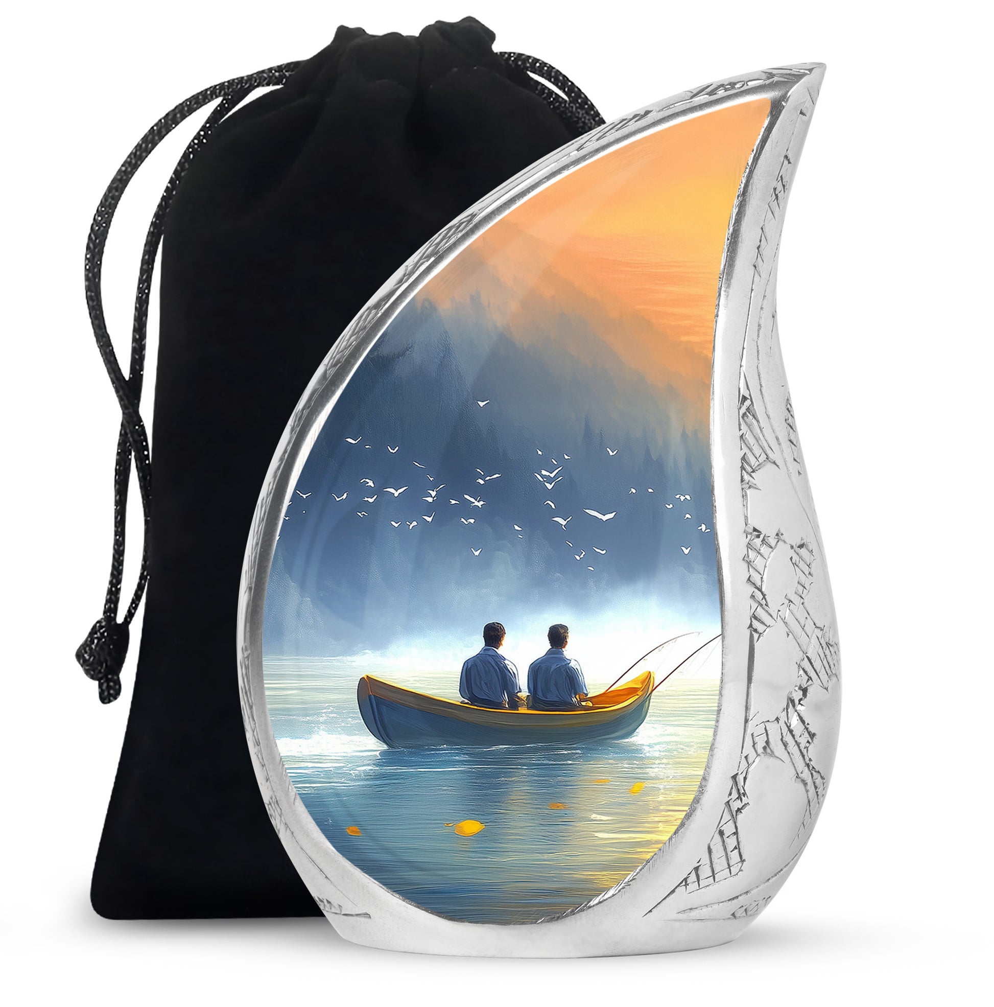 Bright Blue Fishing Cremation Urn front view showing detailed design - graceful tear-shaped urn with fishing motif - full-size 10 inch 200 cubic inch adult cremation urn