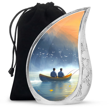 Bright Blue Fishing Cremation Urn front view showing detailed design - graceful tear-shaped urn with fishing motif - full-size 10 inch 200 cubic inch adult cremation urn