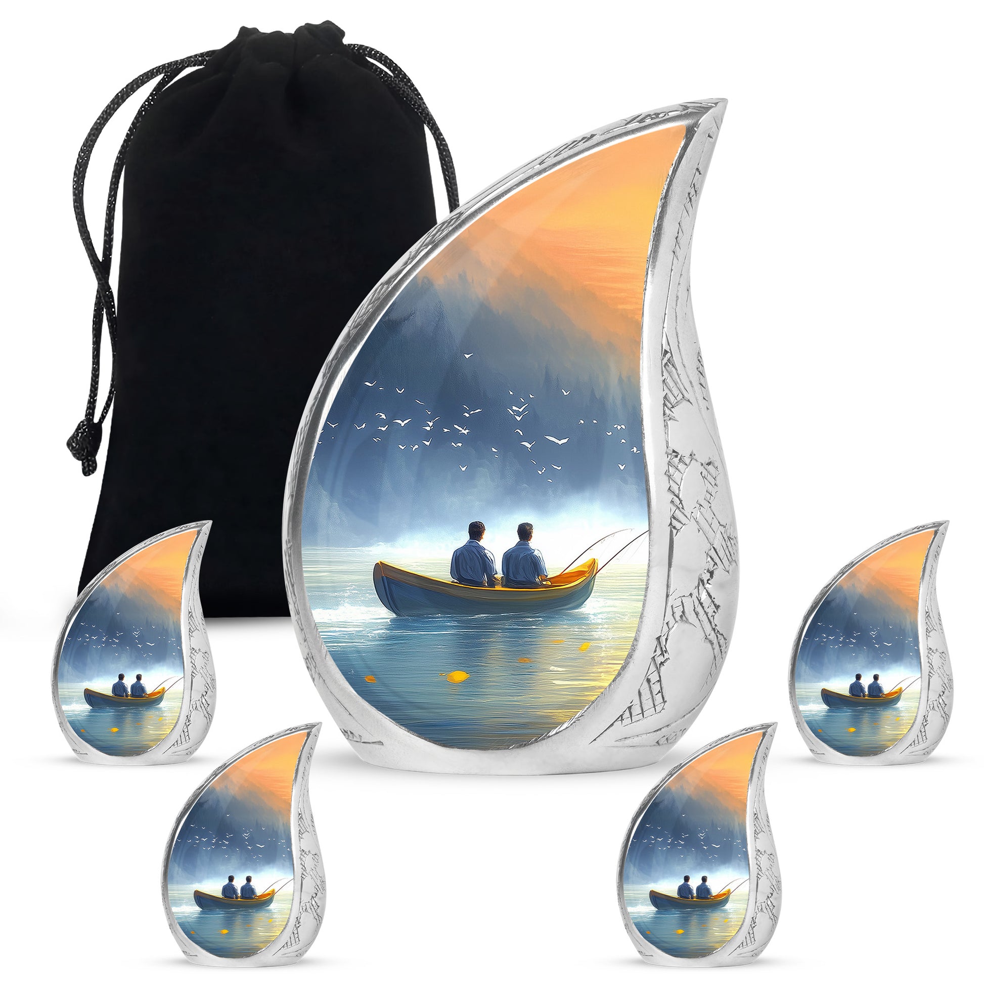 Azure Fishing Cremation Urn side profile showing urn shape - flowing teardrop fishing silhouette on curved aluminum - memorial set with one large and four small urns