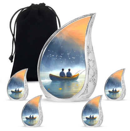 Azure Fishing Cremation Urn side profile showing urn shape - flowing teardrop fishing silhouette on curved aluminum - memorial set with one large and four small urns