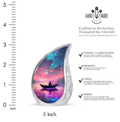 Pastel Pink Fishing Cremation Urn angled view of lid and engraved motif - flowing teardrop fishing silhouette on curved aluminum - mini keepsake memorial for portion of cremation ashes