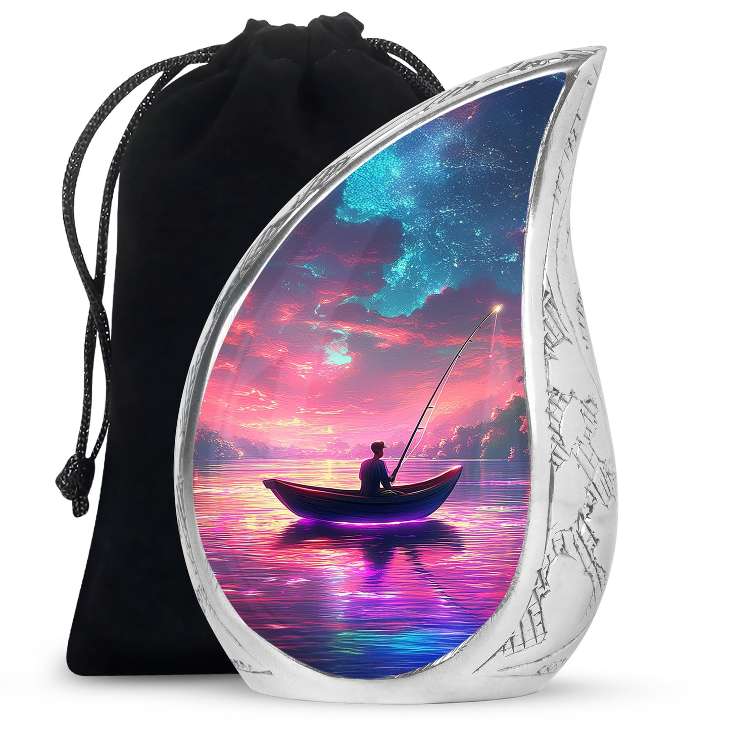 Blush Pink Fishing Cremation Urn front view showing detailed design - flowing teardrop fishing silhouette on curved aluminum - full-size 10 inch 200 cubic inch adult cremation urn