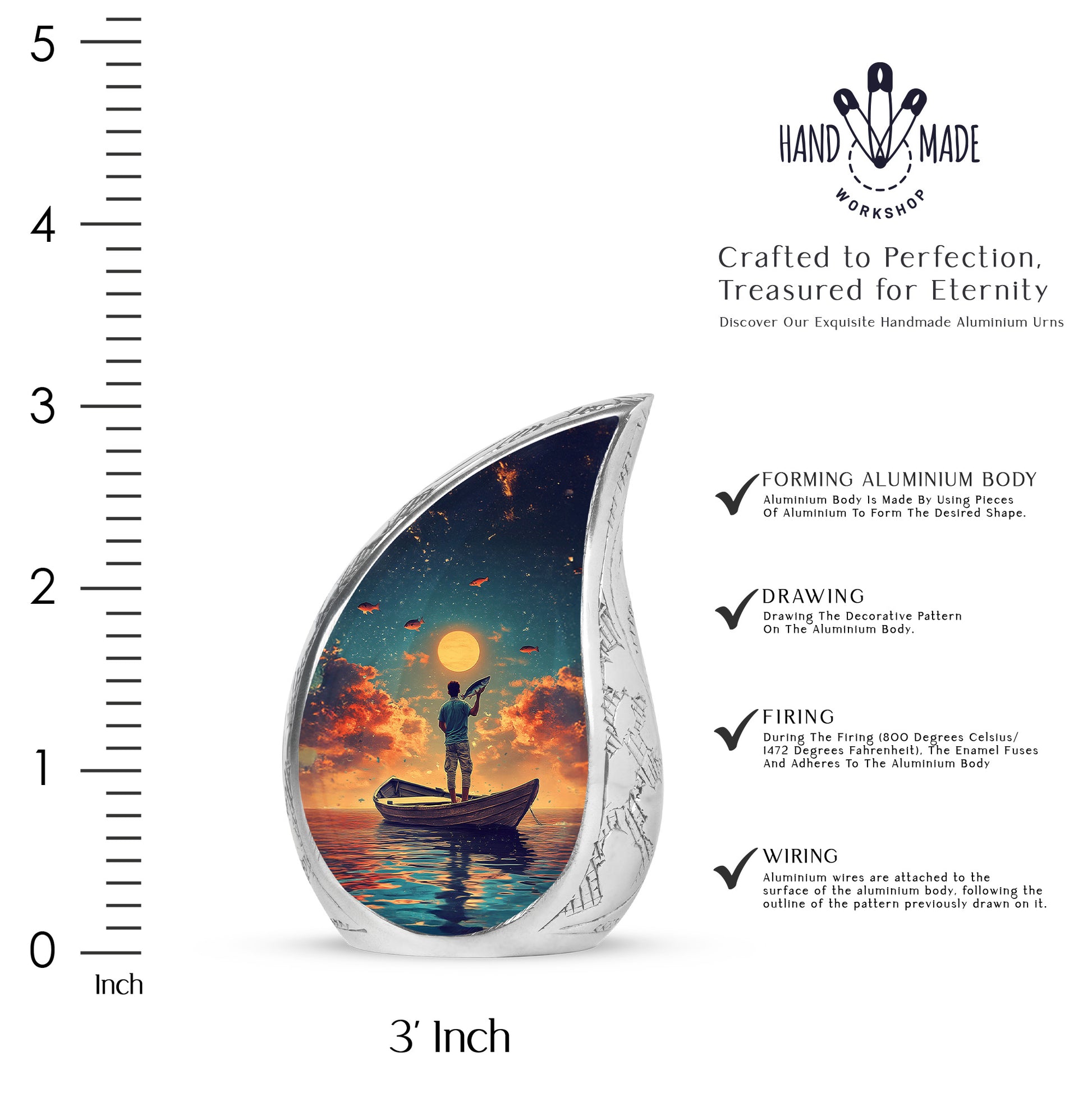 Deep Teal Fishing Cremation Urn angled view of lid and engraved motif - graceful tear-shaped urn with fishing motif - mini keepsake memorial for portion of cremation ashes