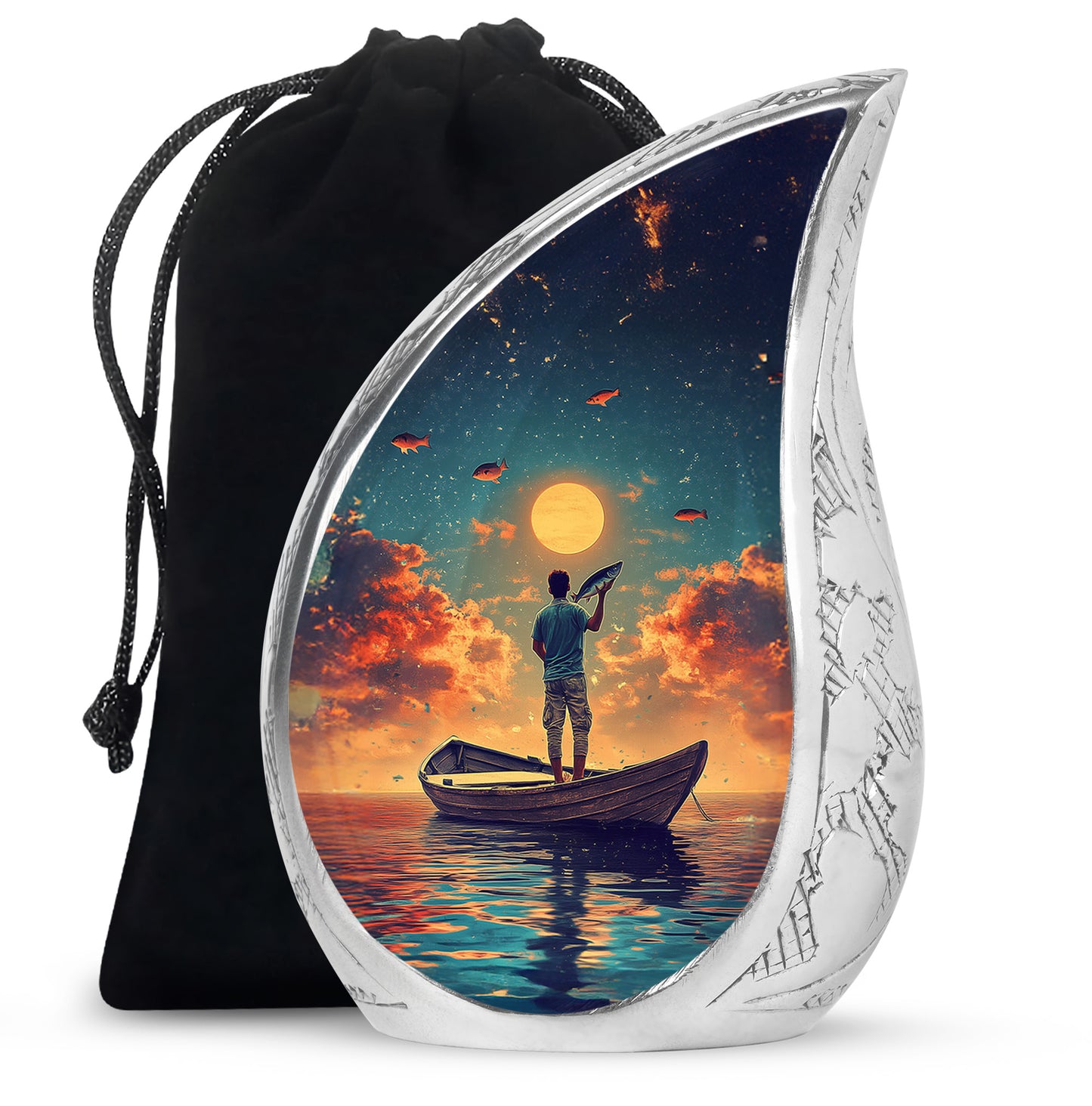 Aqua Teal Fishing Cremation Urn front view showing detailed design - smooth teardrop contour featuring fishing art - full-size 10 inch 200 cubic inch adult cremation urn
