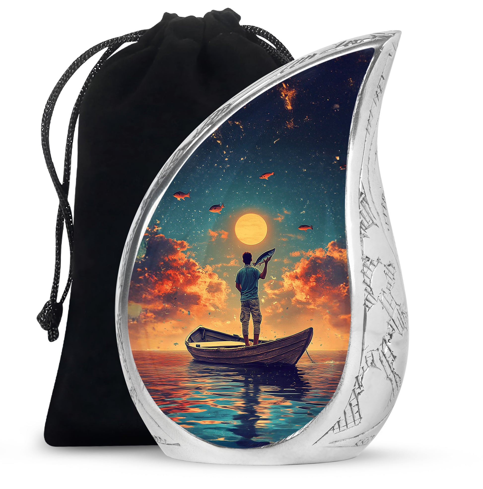 Aqua Teal Fishing Cremation Urn front view showing detailed design - smooth teardrop contour featuring fishing art - full-size 10 inch 200 cubic inch adult cremation urn