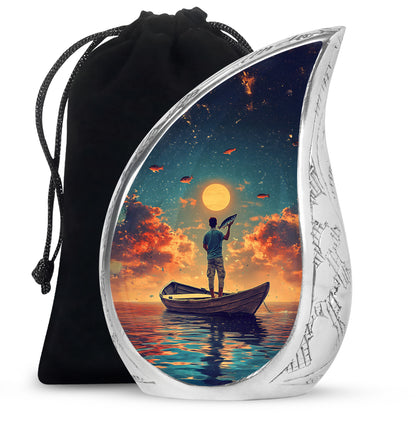 Aqua Teal Fishing Cremation Urn front view showing detailed design - smooth teardrop contour featuring fishing art - full-size 10 inch 200 cubic inch adult cremation urn
