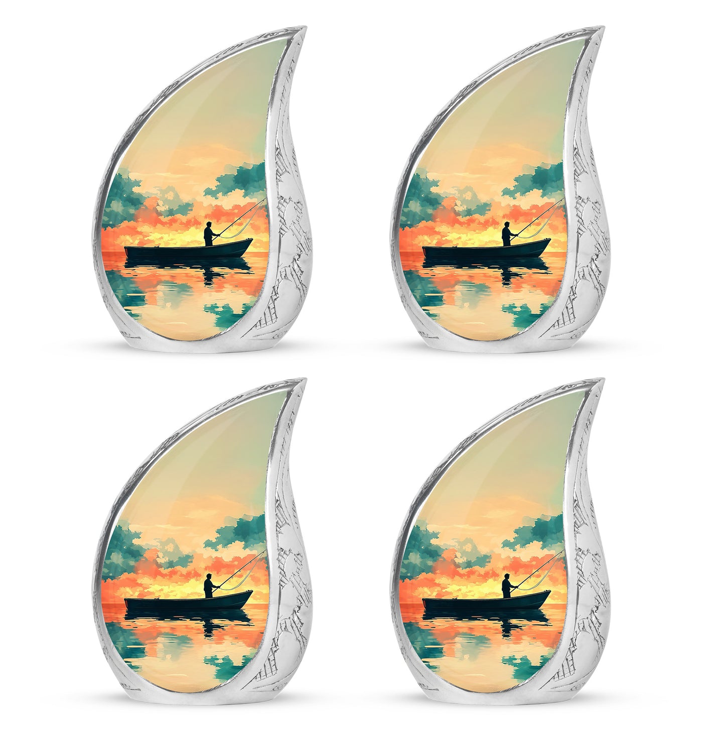 Antique Gold Fishing Cremation Urn close-up of engraving and surface detail - flowing teardrop fishing silhouette on curved aluminum - 10 inch aluminum urn for cremated remains