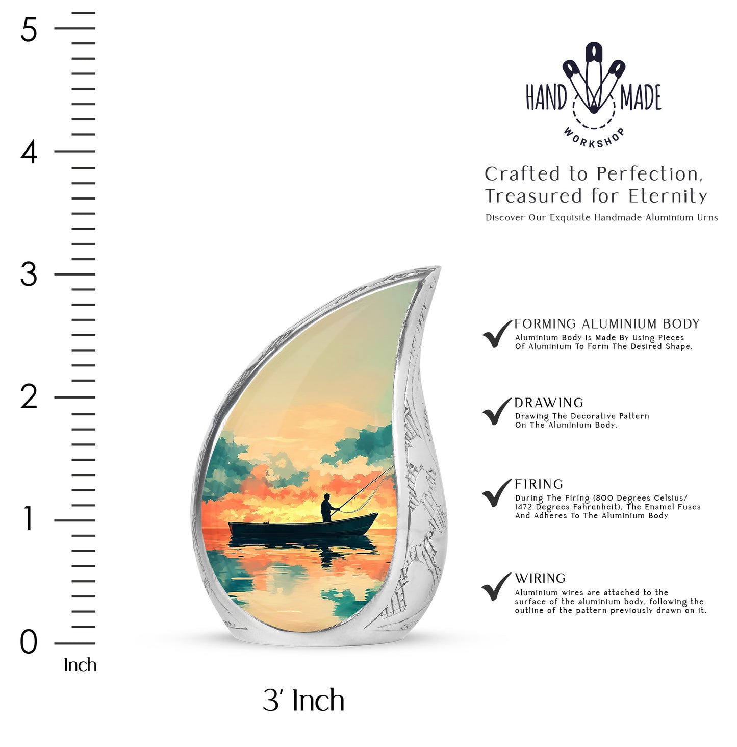 Harvest Gold Fishing Cremation Urn angled view of lid and engraved motif - graceful tear-shaped urn with fishing motif - mini keepsake memorial for portion of cremation ashes