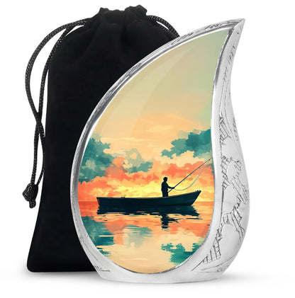 Sunrise Gold Fishing Cremation Urn front view showing detailed design - rounded teardrop fishing design with delicate detail - full-size 10 inch 200 cubic inch adult cremation urn
