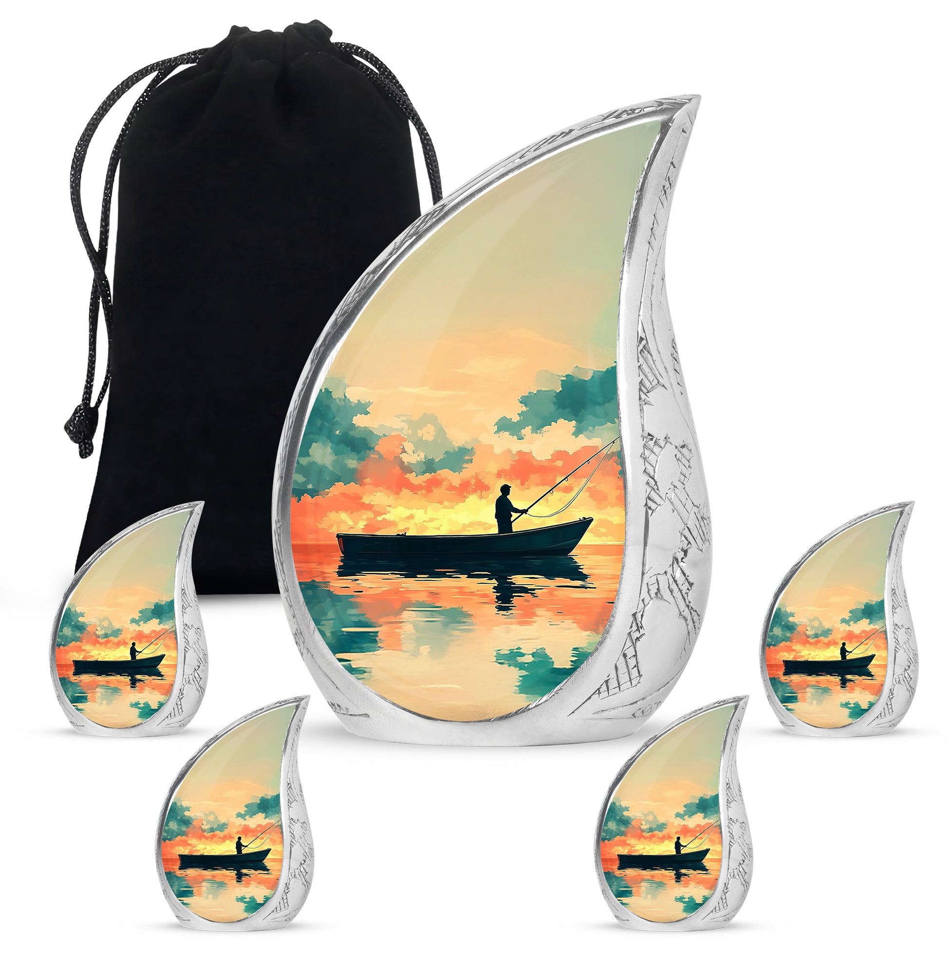 Royal Gold Fishing Cremation Urn side profile showing urn shape - graceful tear-shaped urn with fishing motif - memorial set with one large and four small urns