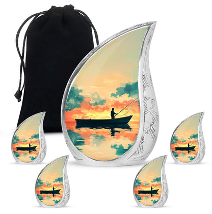 Royal Gold Fishing Cremation Urn side profile showing urn shape - graceful tear-shaped urn with fishing motif - memorial set with one large and four small urns
