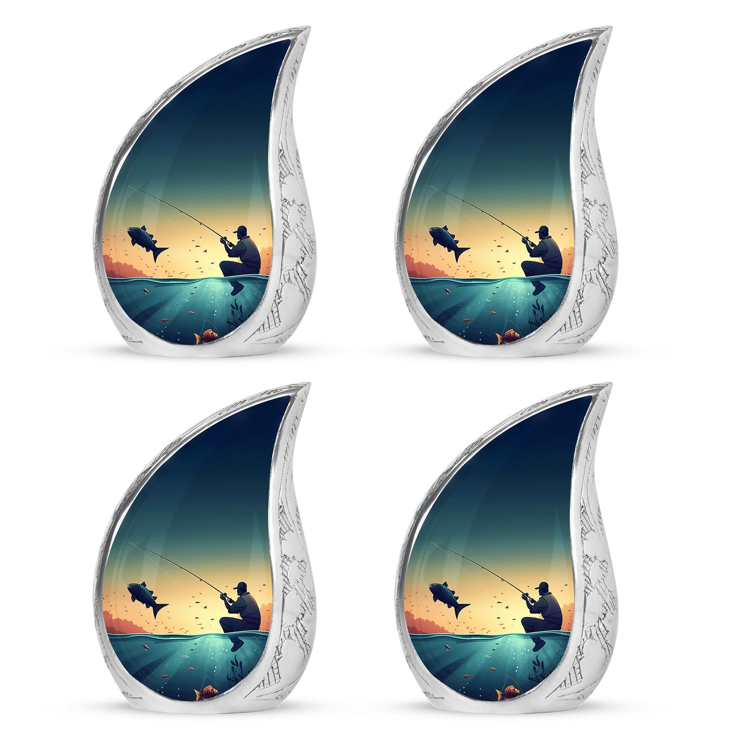 Jewel Teal Fishing Cremation Urn close-up of engraving and surface detail - rounded teardrop fishing design with delicate detail - 10 inch aluminum urn for cremated remains
