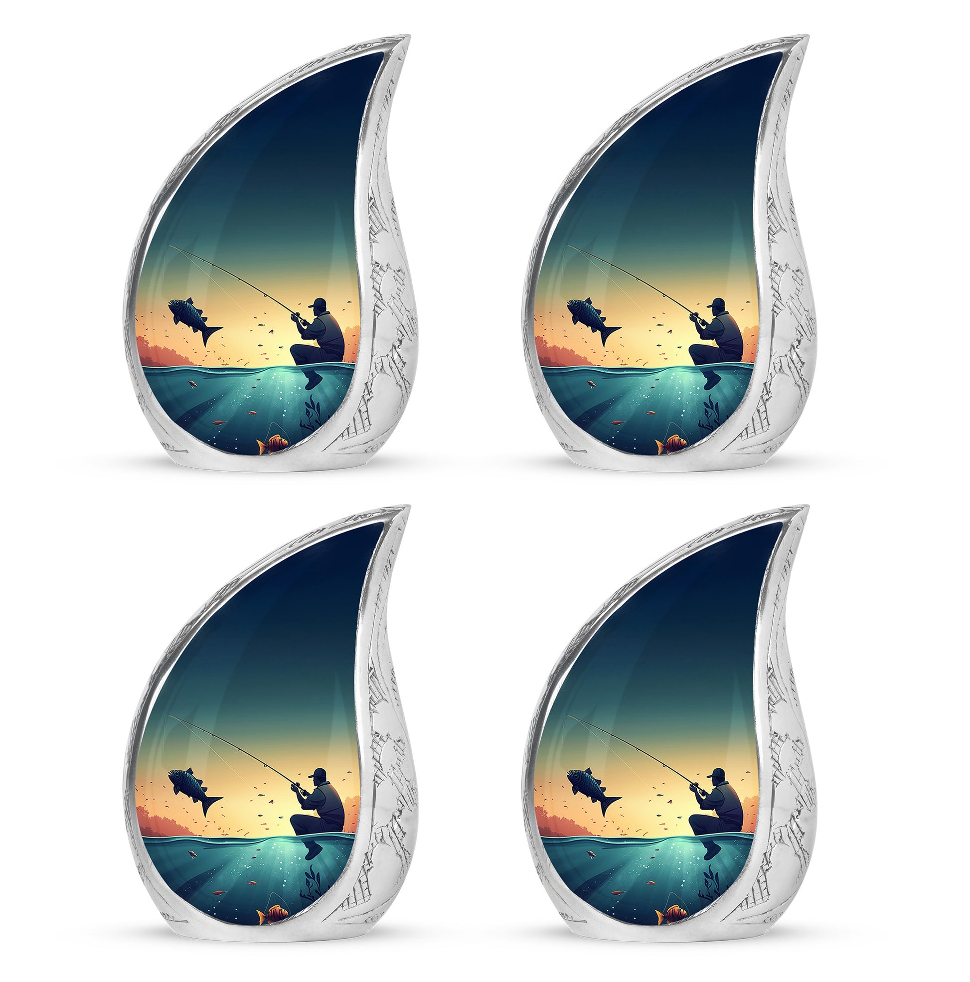 Jewel Teal Fishing Cremation Urn close-up of engraving and surface detail - rounded teardrop fishing design with delicate detail - 10 inch aluminum urn for cremated remains