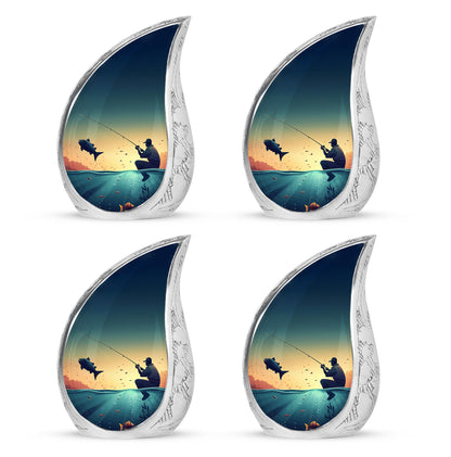 Jewel Teal Fishing Cremation Urn close-up of engraving and surface detail - rounded teardrop fishing design with delicate detail - 10 inch aluminum urn for cremated remains