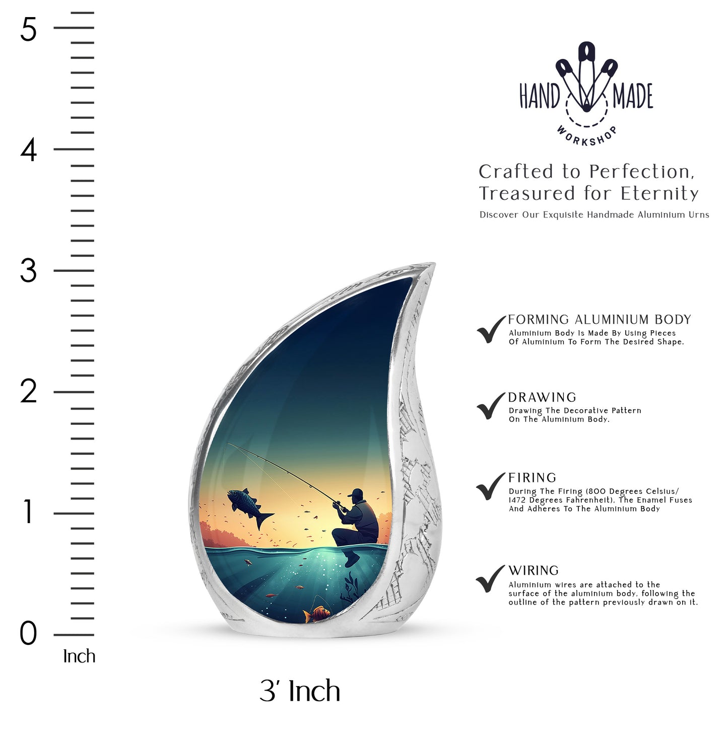 Jewel Teal Fishing Cremation Urn angled view of lid and engraved motif - rounded teardrop fishing design with delicate detail - mini keepsake memorial for portion of cremation ashes