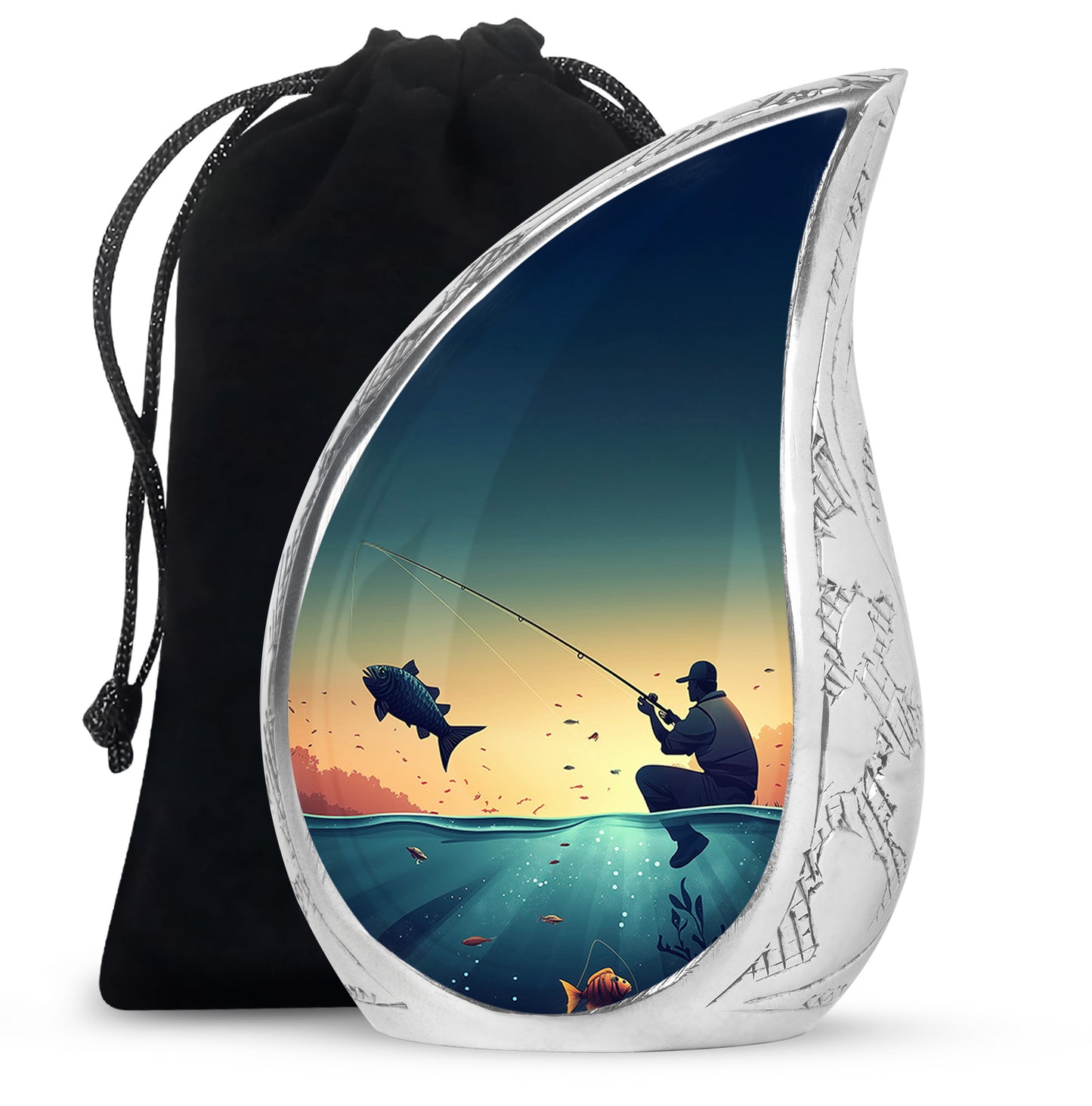 Jewel Teal Fishing Cremation Urn front view showing detailed design - flowing teardrop fishing silhouette on curved aluminum - full-size 10 inch 200 cubic inch adult cremation urn
