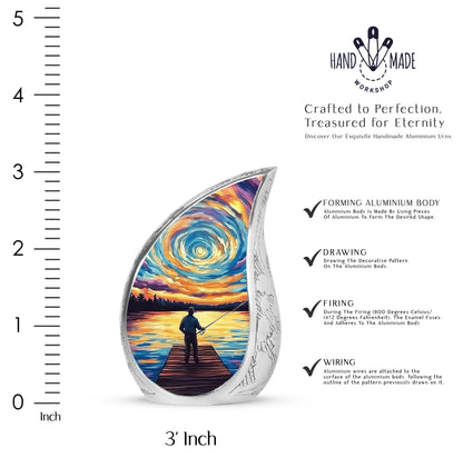 Soft Blue Fishing Cremation Urn angled view of lid and engraved motif - graceful tear-shaped urn with fishing motif - mini keepsake memorial for portion of cremation ashes