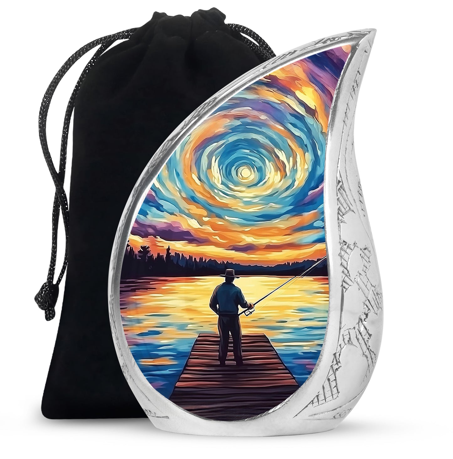 Vivid Blue Fishing Cremation Urn front view showing detailed design - graceful tear-shaped urn with fishing motif - full-size 10 inch 200 cubic inch adult cremation urn