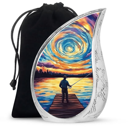 Vivid Blue Fishing Cremation Urn front view showing detailed design - graceful tear-shaped urn with fishing motif - full-size 10 inch 200 cubic inch adult cremation urn
