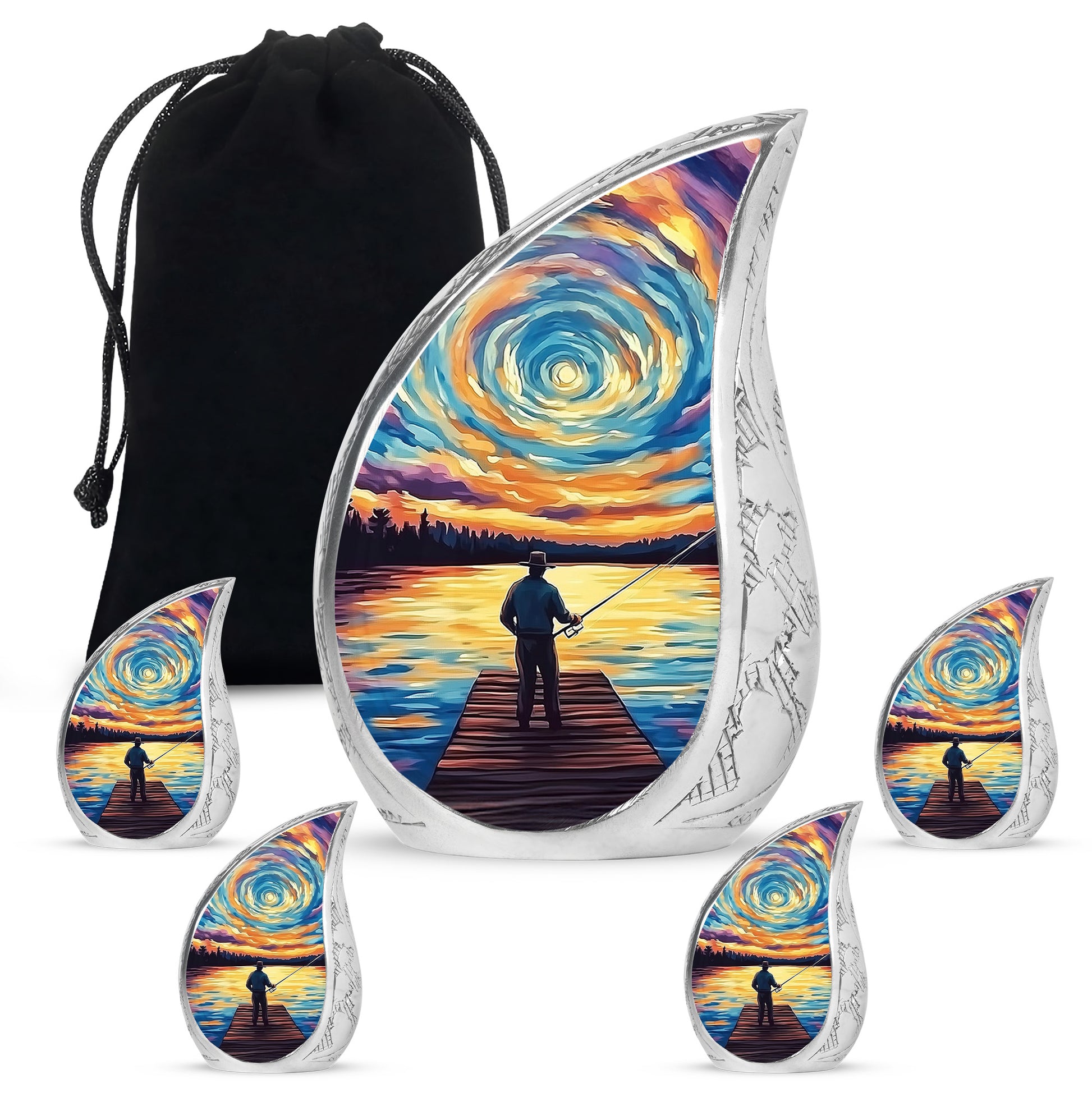 Cornflower Blue Fishing Cremation Urn side profile showing urn shape - smooth teardrop contour featuring fishing art - memorial set with one large and four small urns