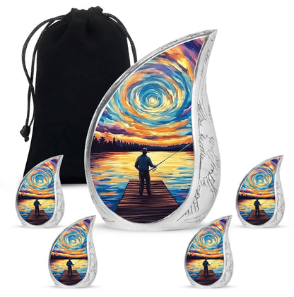 Cornflower Blue Fishing Cremation Urn side profile showing urn shape - smooth teardrop contour featuring fishing art - memorial set with one large and four small urns