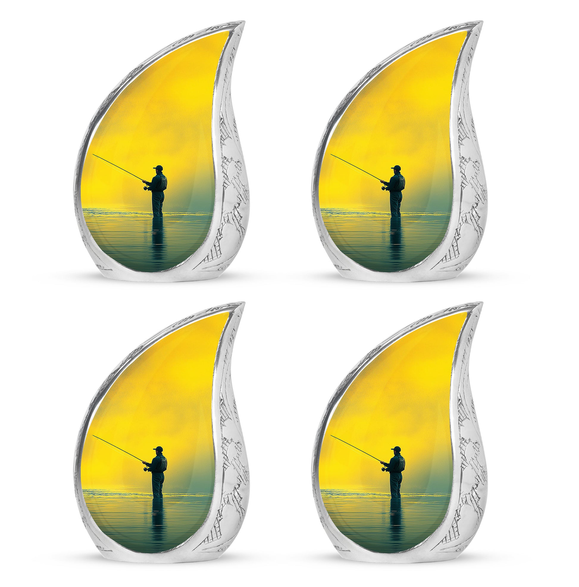 Burnished Gold Fishing Cremation Urn close-up of engraving and surface detail - smooth teardrop contour featuring fishing art - 10 inch aluminum urn for cremated remains