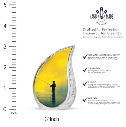 Matte Gold Fishing Cremation Urn angled view of lid and engraved motif - smooth teardrop contour featuring fishing art - mini keepsake memorial for portion of cremation ashes