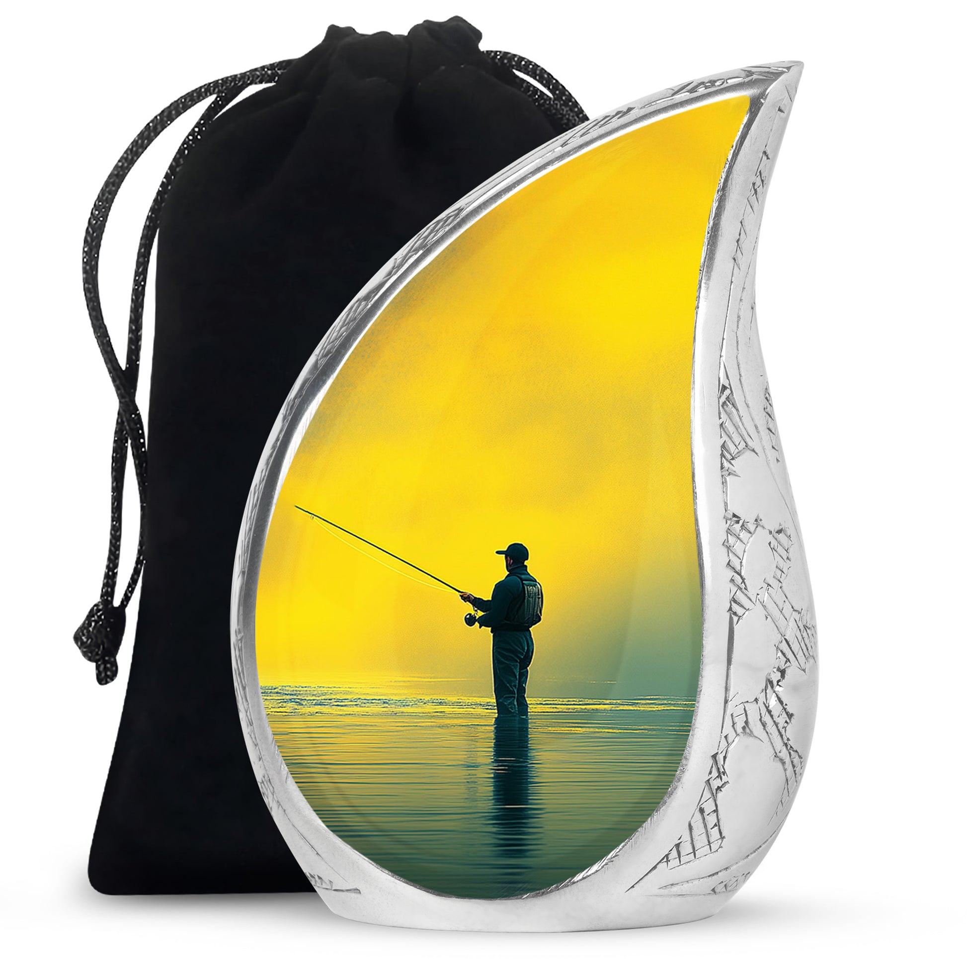 Royal Gold Fishing Cremation Urn front view showing detailed design - smooth teardrop contour featuring fishing art - full-size 10 inch 200 cubic inch adult cremation urn