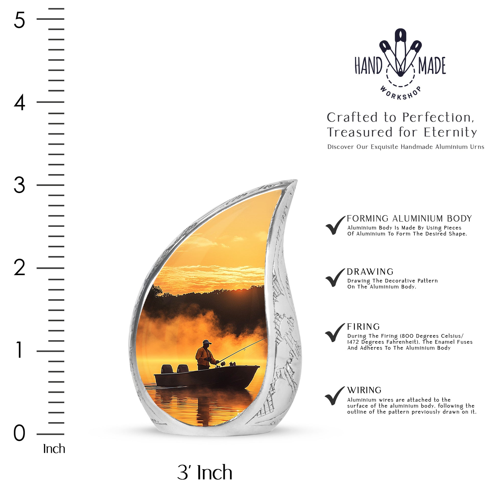 Rich Red Fishing Cremation Urn angled view of lid and engraved motif - smooth teardrop contour featuring fishing art - mini keepsake memorial for portion of cremation ashes
