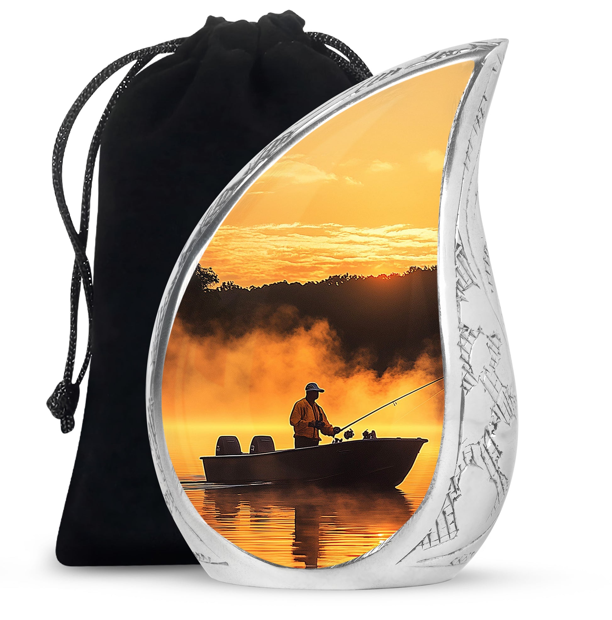 Cherry Red Fishing Cremation Urn front view showing detailed design - smooth teardrop contour featuring fishing art - full-size 10 inch 200 cubic inch adult cremation urn