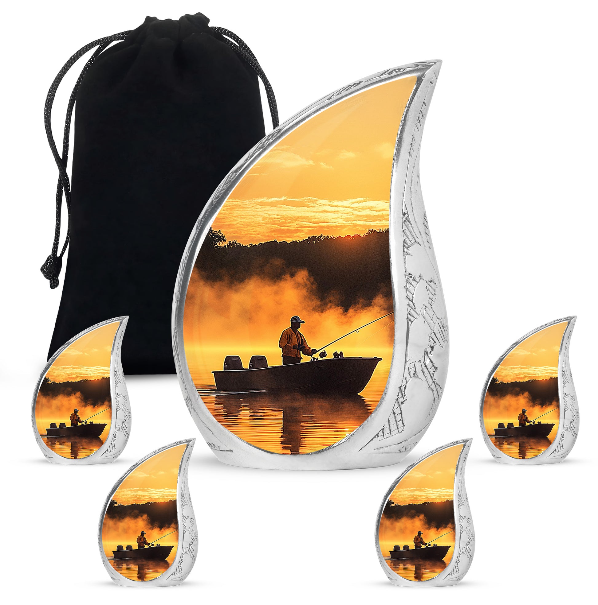 Rich Red Fishing Cremation Urn side profile showing urn shape - graceful tear-shaped urn with fishing motif - memorial set with one large and four small urns
