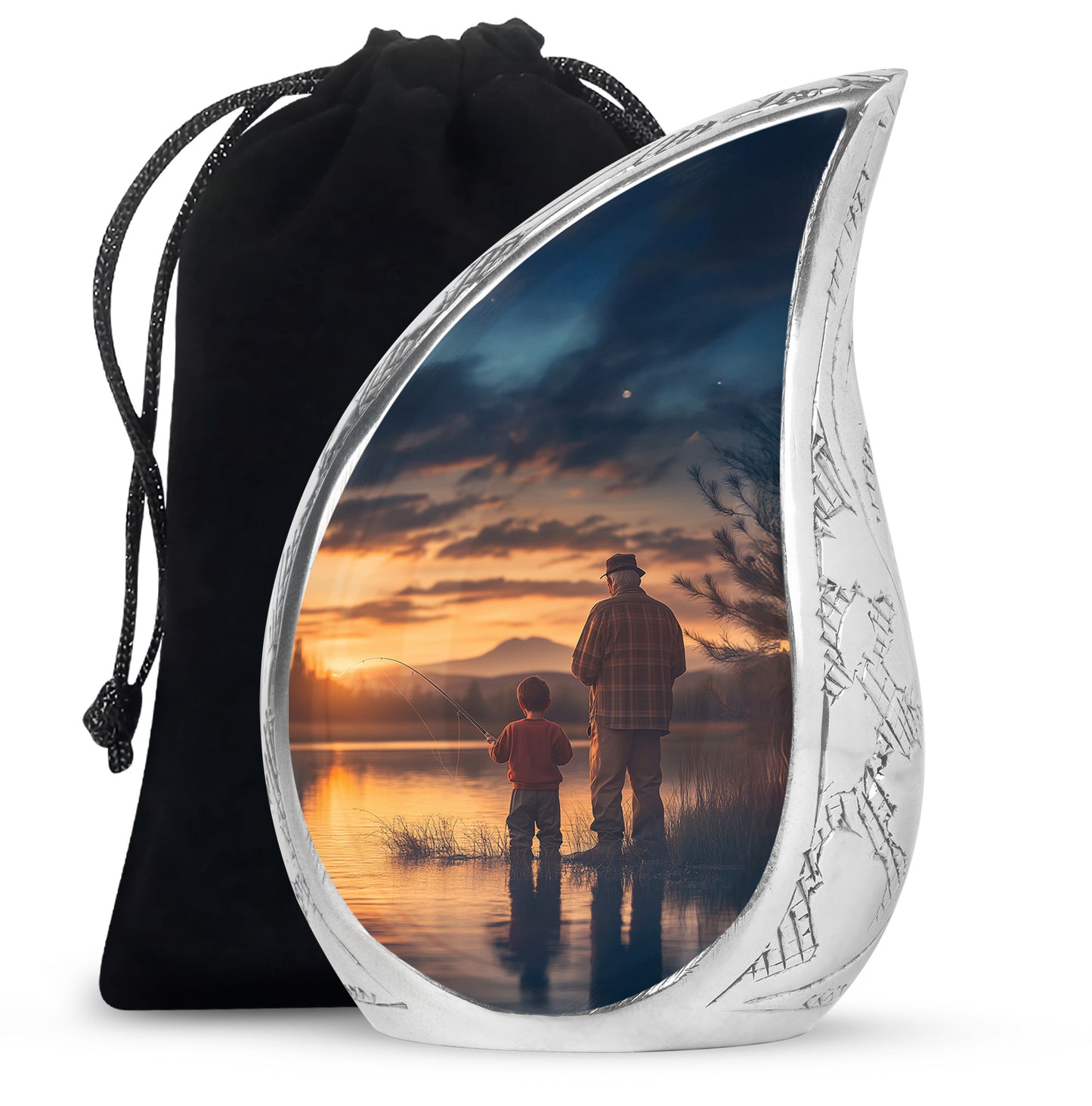 Powder Blue Fishing Cremation Urn front view showing detailed design - rounded teardrop fishing design with delicate detail - full-size 10 inch 200 cubic inch adult cremation urn