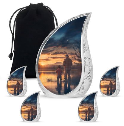 Bright Blue Fishing Cremation Urn side profile showing urn shape - graceful tear-shaped urn with fishing motif - memorial set with one large and four small urns