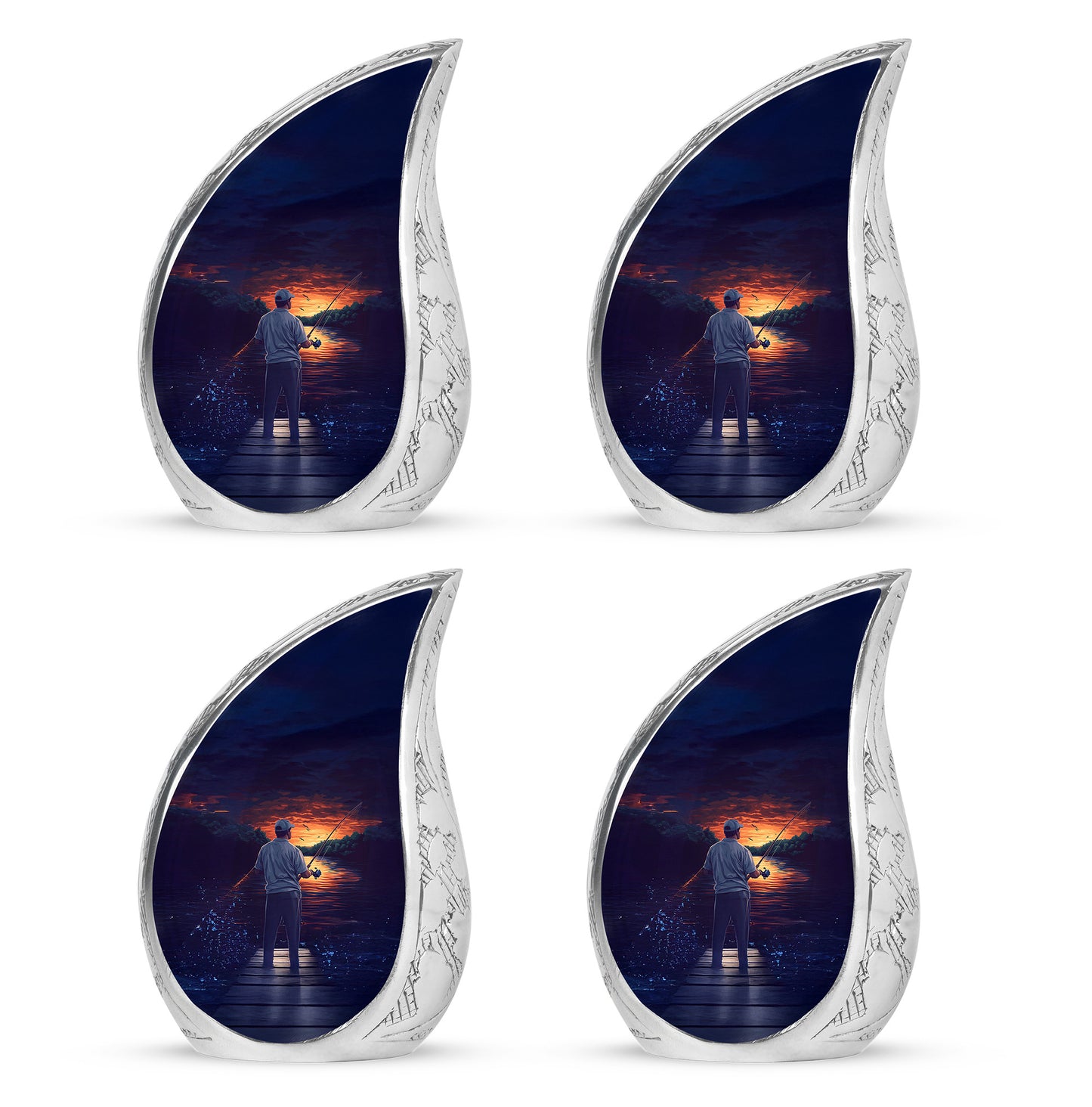 Cobalt Blue Fishing Cremation Urn close-up of engraving and surface detail - smooth teardrop contour featuring fishing art - 10 inch aluminum urn for cremated remains