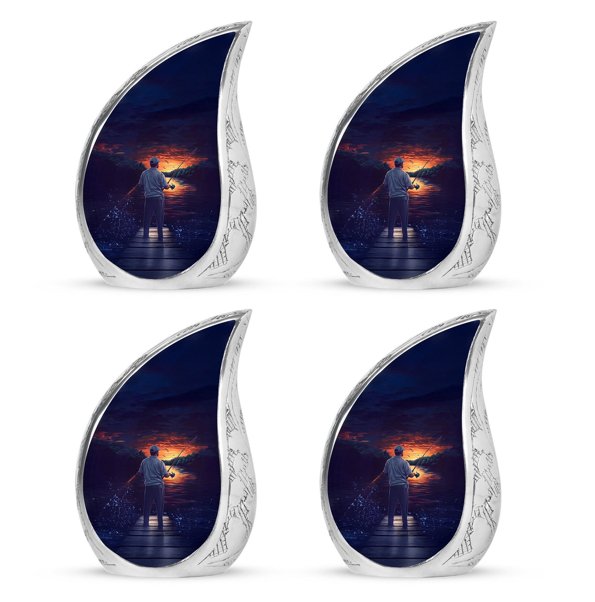 Cobalt Blue Fishing Cremation Urn close-up of engraving and surface detail - smooth teardrop contour featuring fishing art - 10 inch aluminum urn for cremated remains