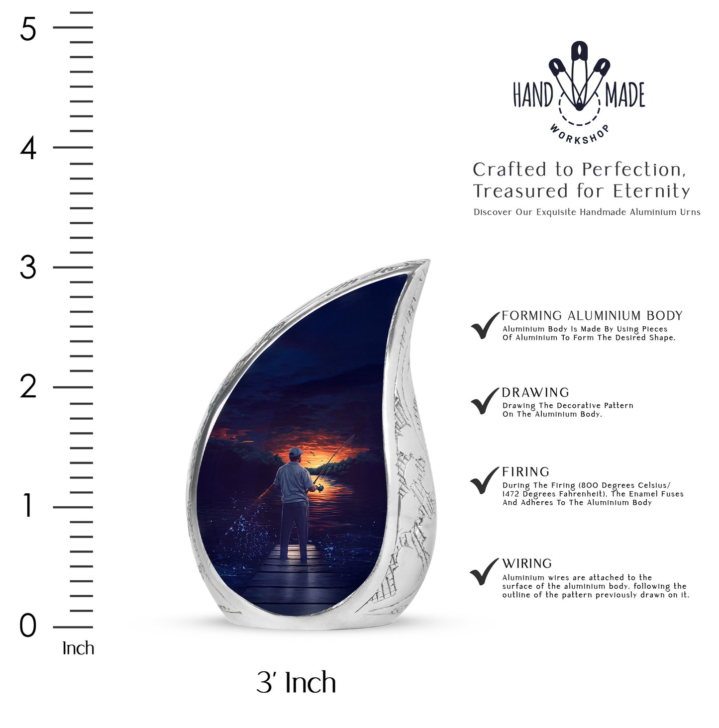 Slate Blue Fishing Cremation Urn angled view of lid and engraved motif - rounded teardrop fishing design with delicate detail - mini keepsake memorial for portion of cremation ashes