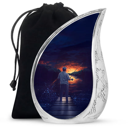 Indigo Fishing Cremation Urn front view showing detailed design - rounded teardrop fishing design with delicate detail - full-size 10 inch 200 cubic inch adult cremation urn
