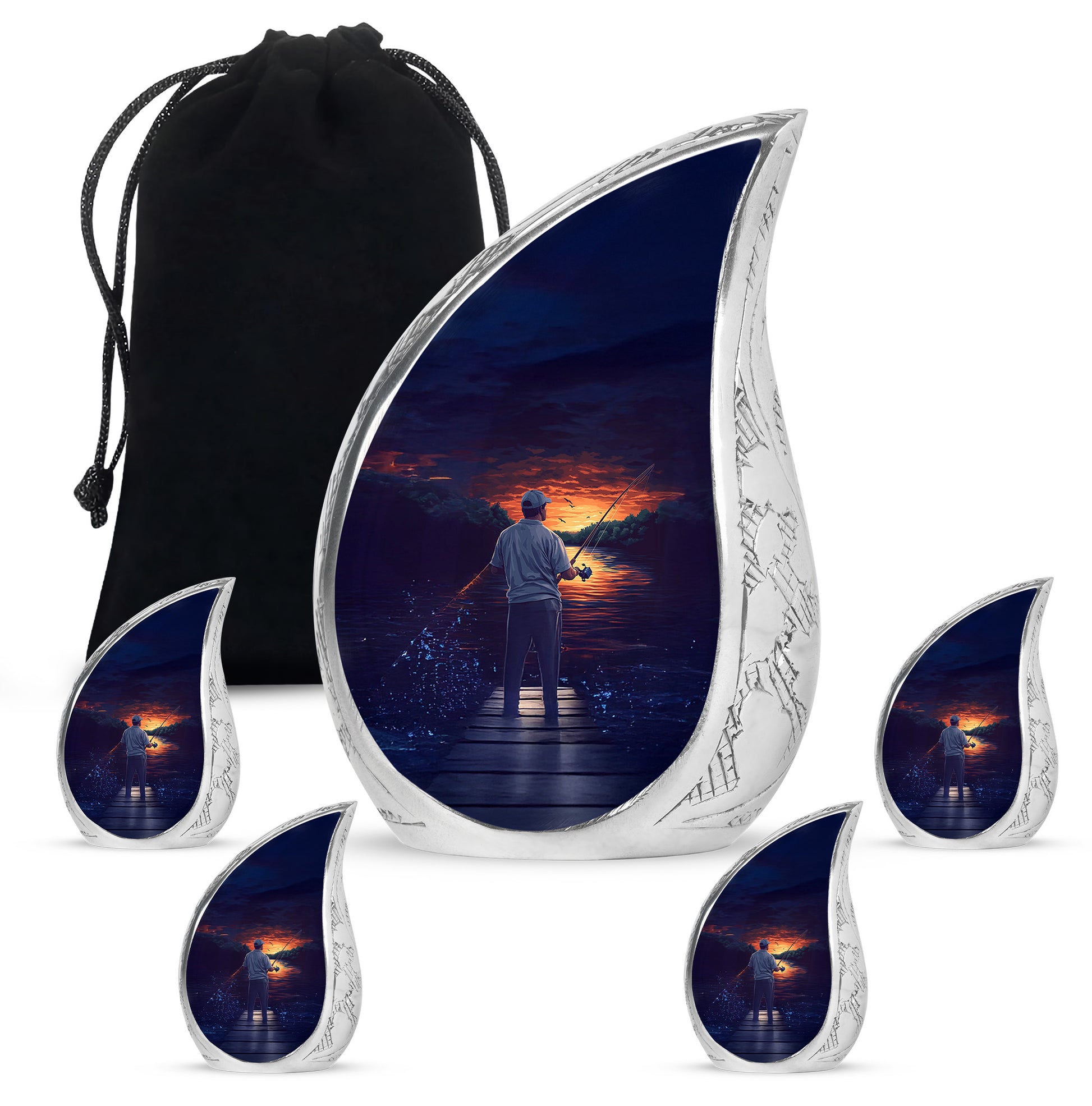 Vivid Blue Fishing Cremation Urn side profile showing urn shape - graceful tear-shaped urn with fishing motif - memorial set with one large and four small urns