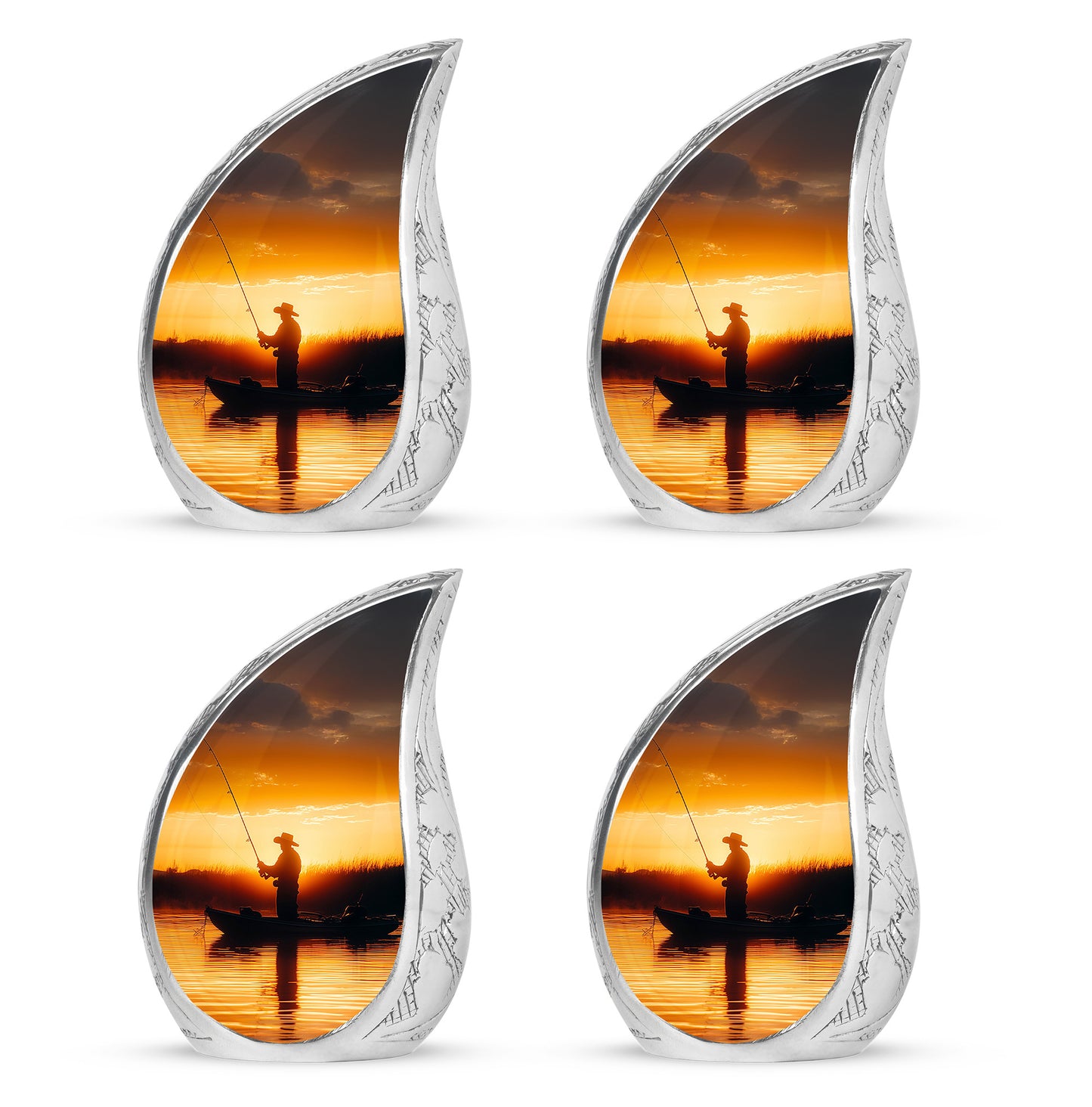 Royal Gold Fishing Cremation Urn close-up of engraving and surface detail - smooth teardrop contour featuring fishing art - 10 inch aluminum urn for cremated remains