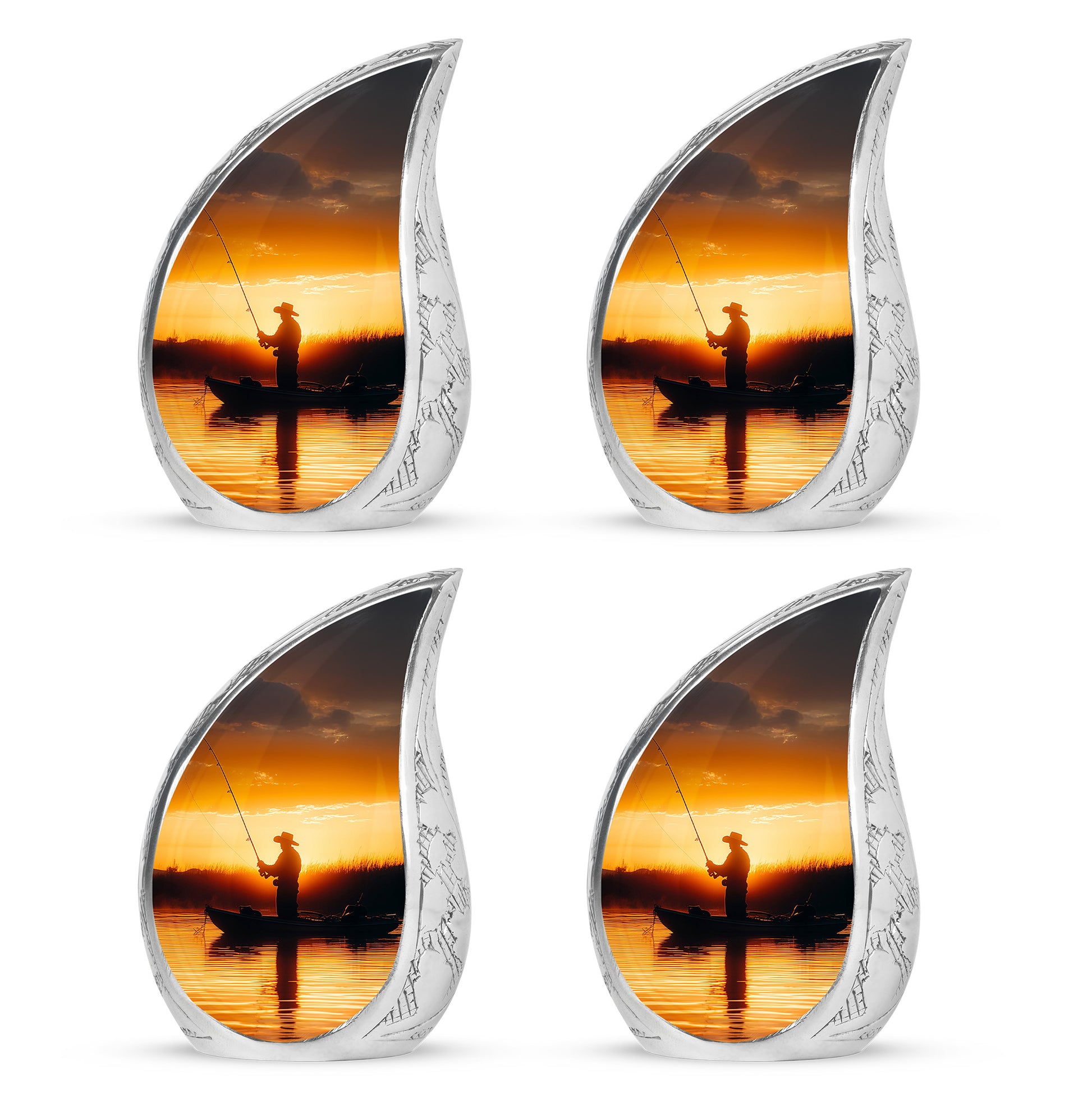Royal Gold Fishing Cremation Urn close-up of engraving and surface detail - smooth teardrop contour featuring fishing art - 10 inch aluminum urn for cremated remains