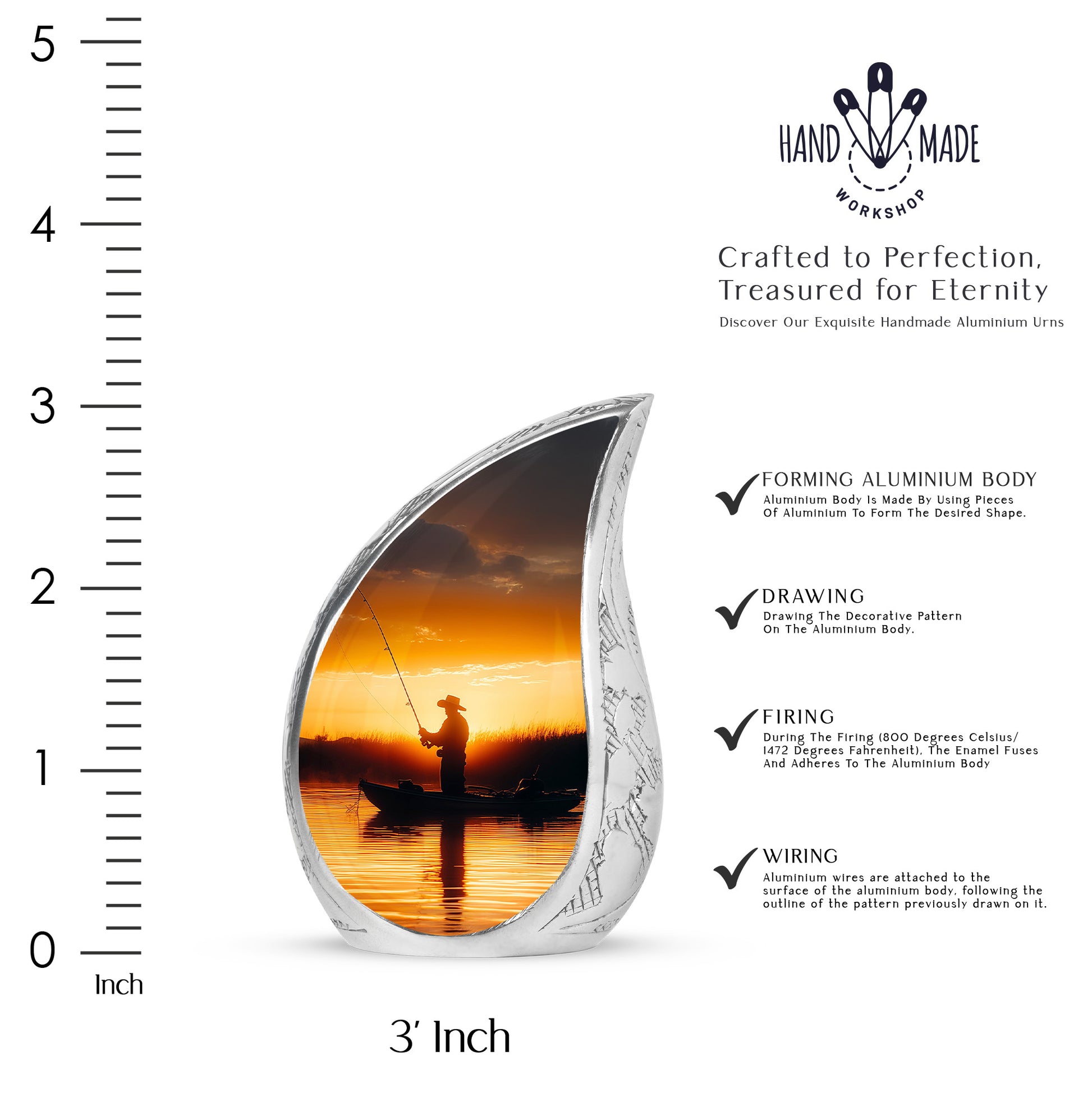 Harvest Gold Fishing Cremation Urn angled view of lid and engraved motif - graceful tear-shaped urn with fishing motif - mini keepsake memorial for portion of cremation ashes